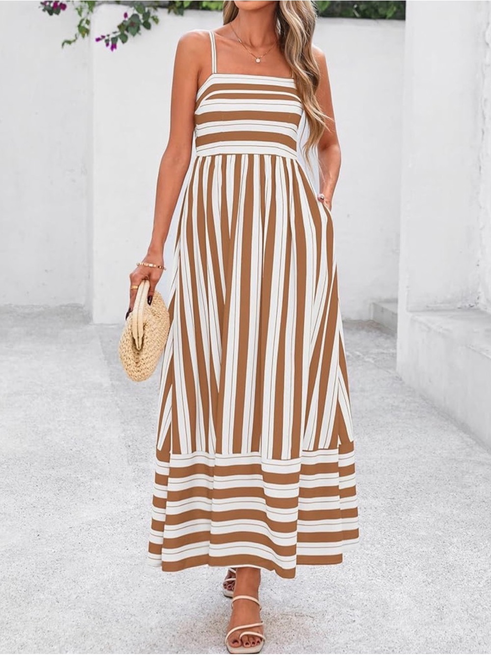 Striped Spaghetti-Strap Maxi Dress in Tan and White